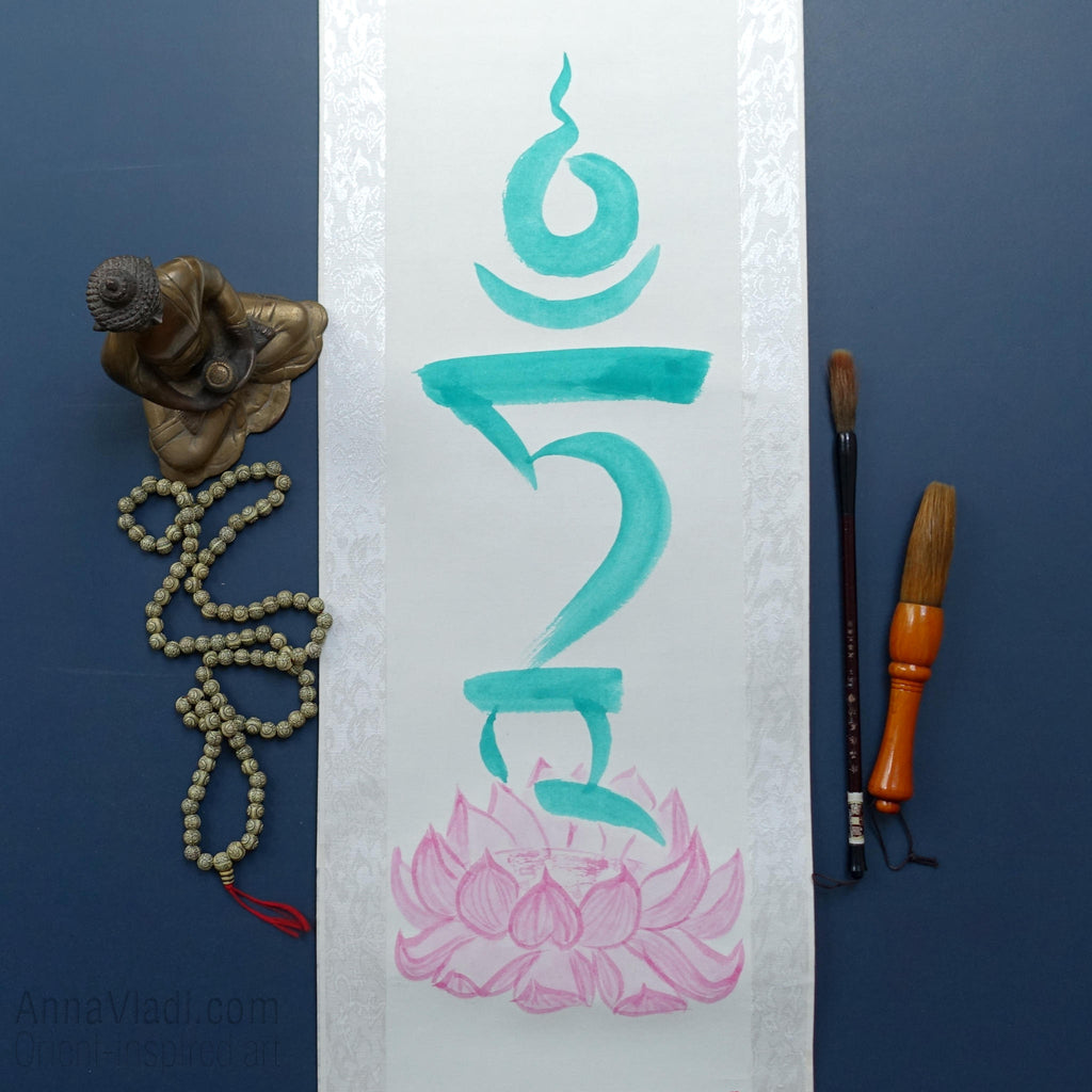 Green Tara Seed Syllable Silk Scroll, Tibetan Mantra Art