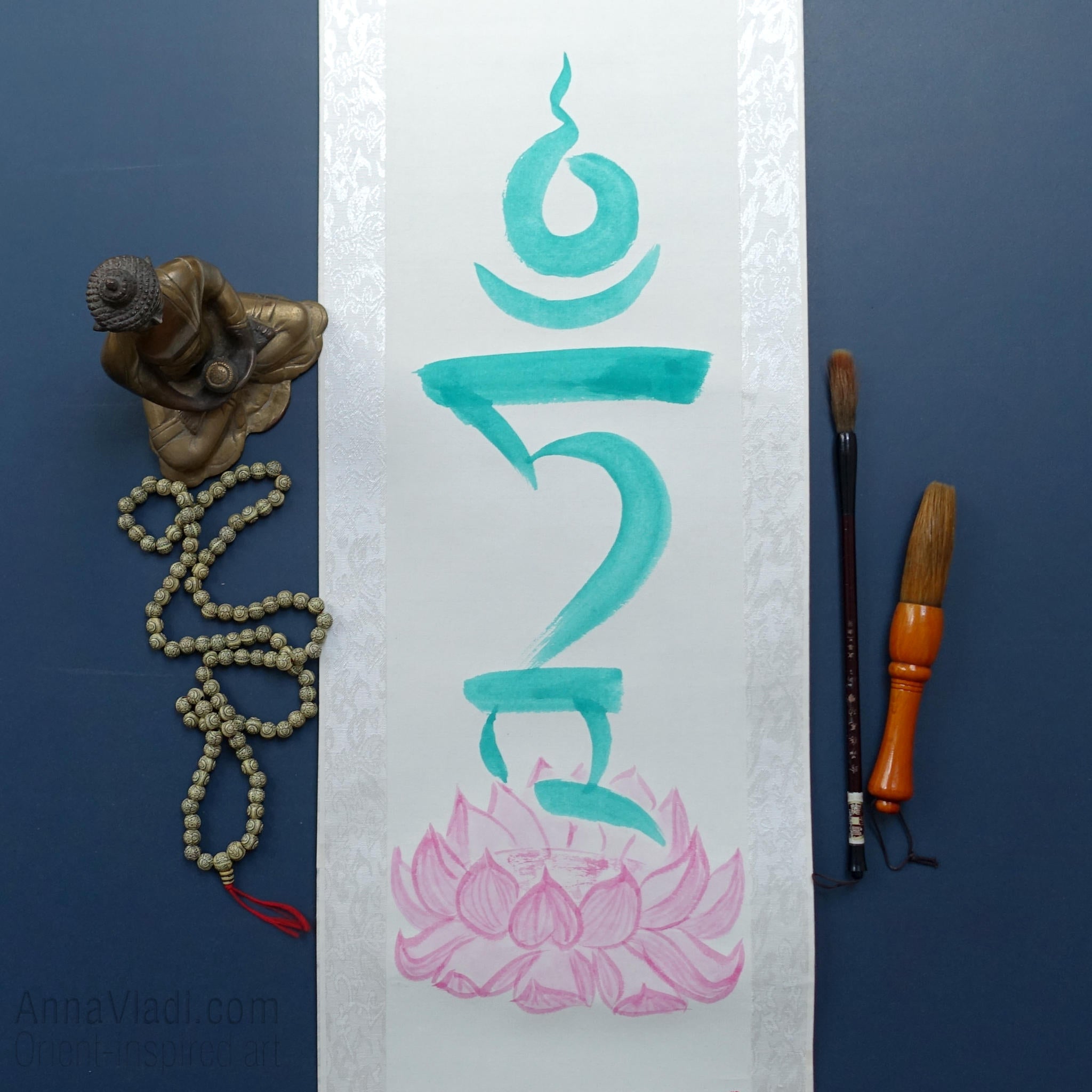 Green Tara Seed Syllable Silk Scroll, Tibetan Mantra Art