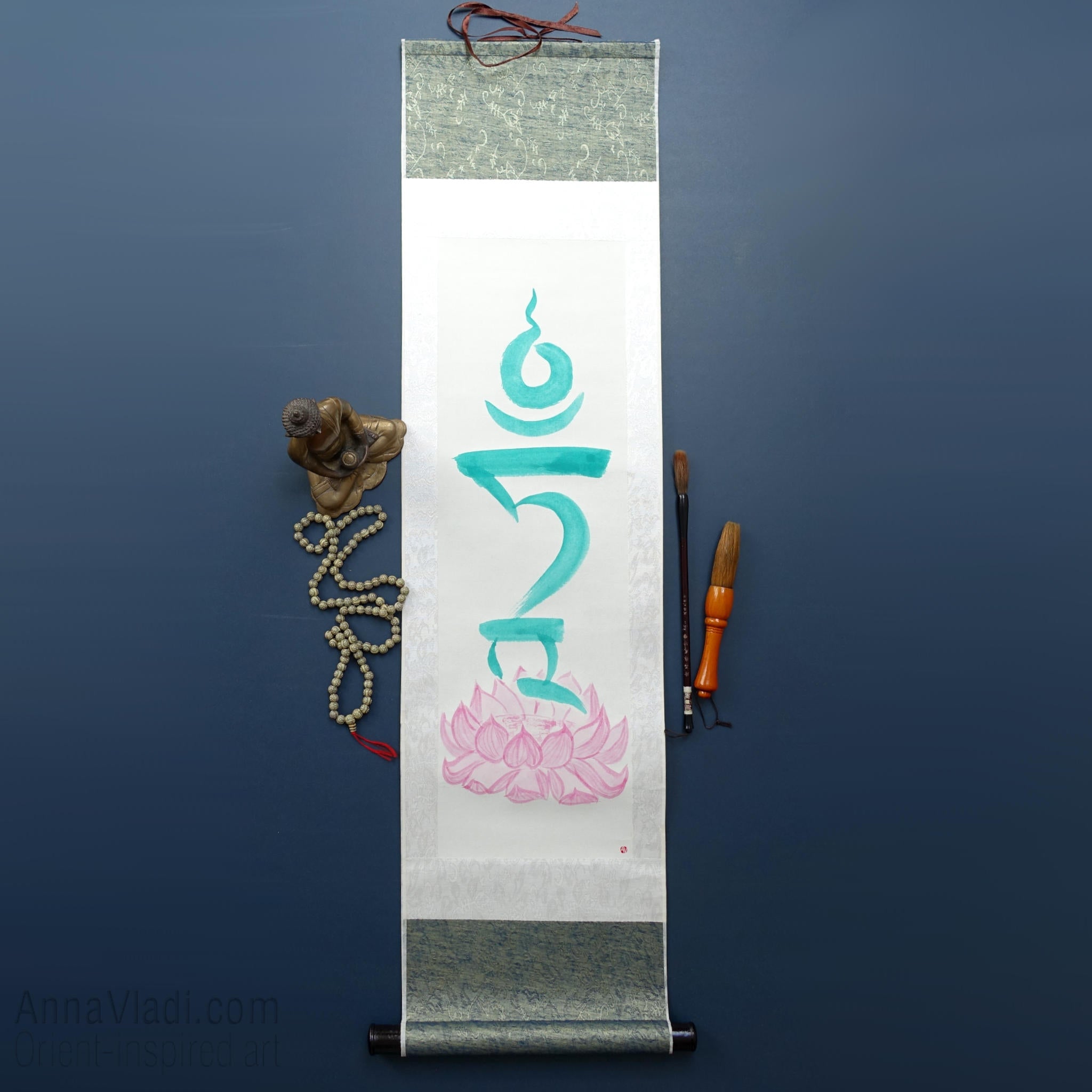 Green Tara Seed Syllable Silk Scroll, Tibetan Mantra Art
