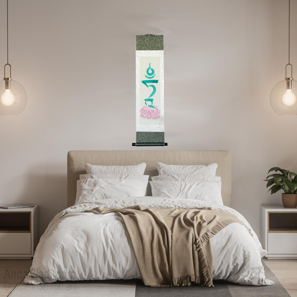 Green Tara Seed Syllable Silk Scroll, Tibetan Mantra Art