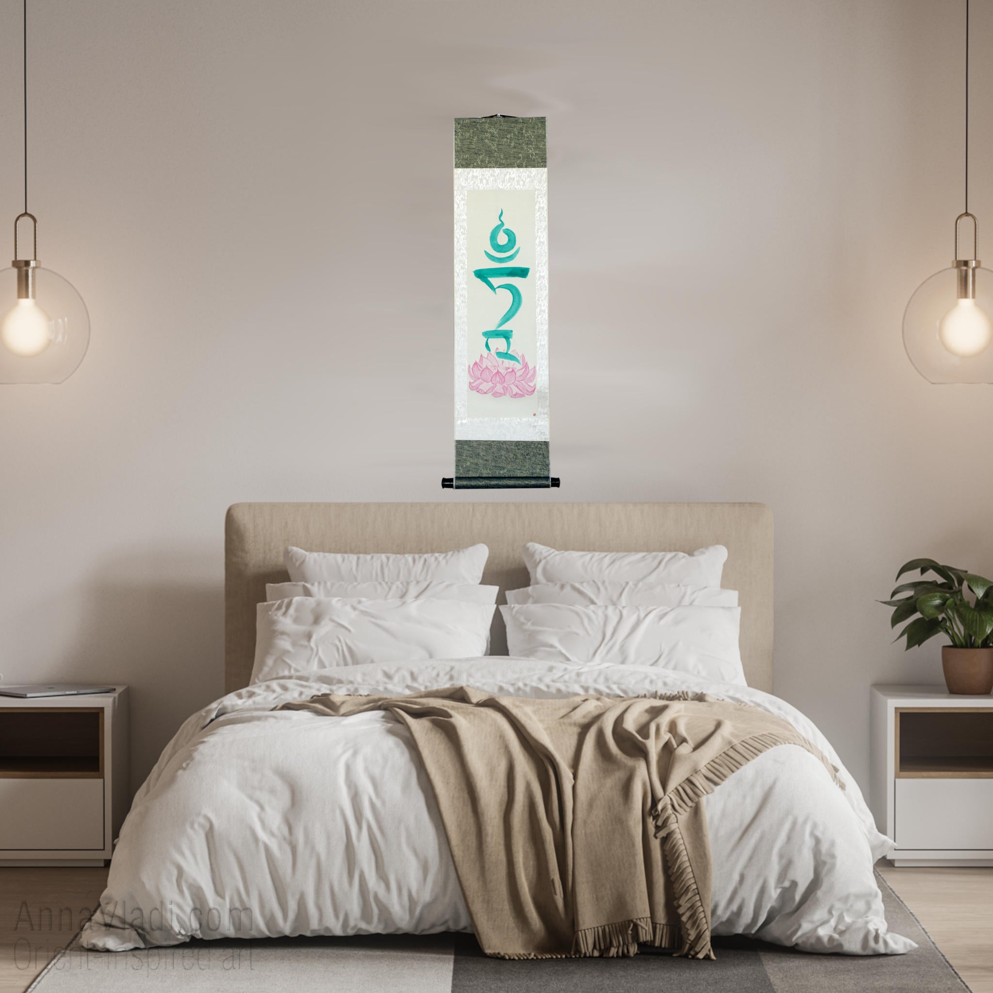Green Tara Seed Syllable Silk Scroll, Tibetan Mantra Art