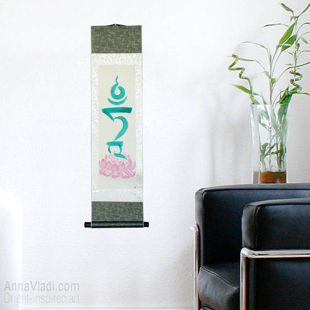 Green Tara Seed Syllable Silk Scroll, Tibetan Mantra Art