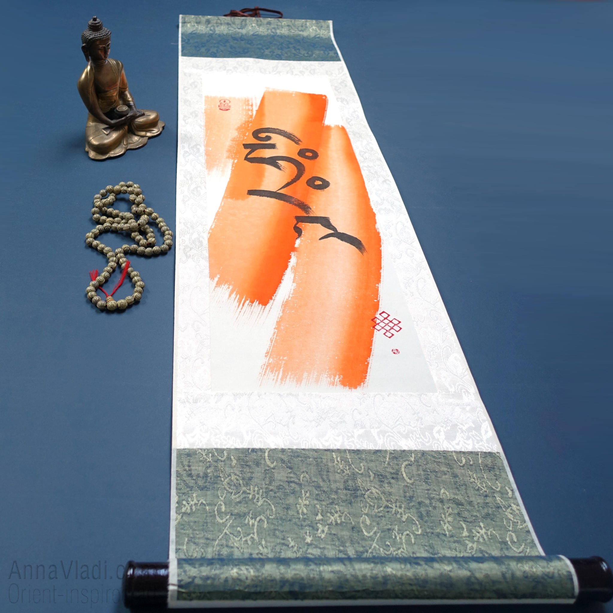 Amitabha Buddha Seed Syllable: Tibetan Calligraphy Silk Scroll