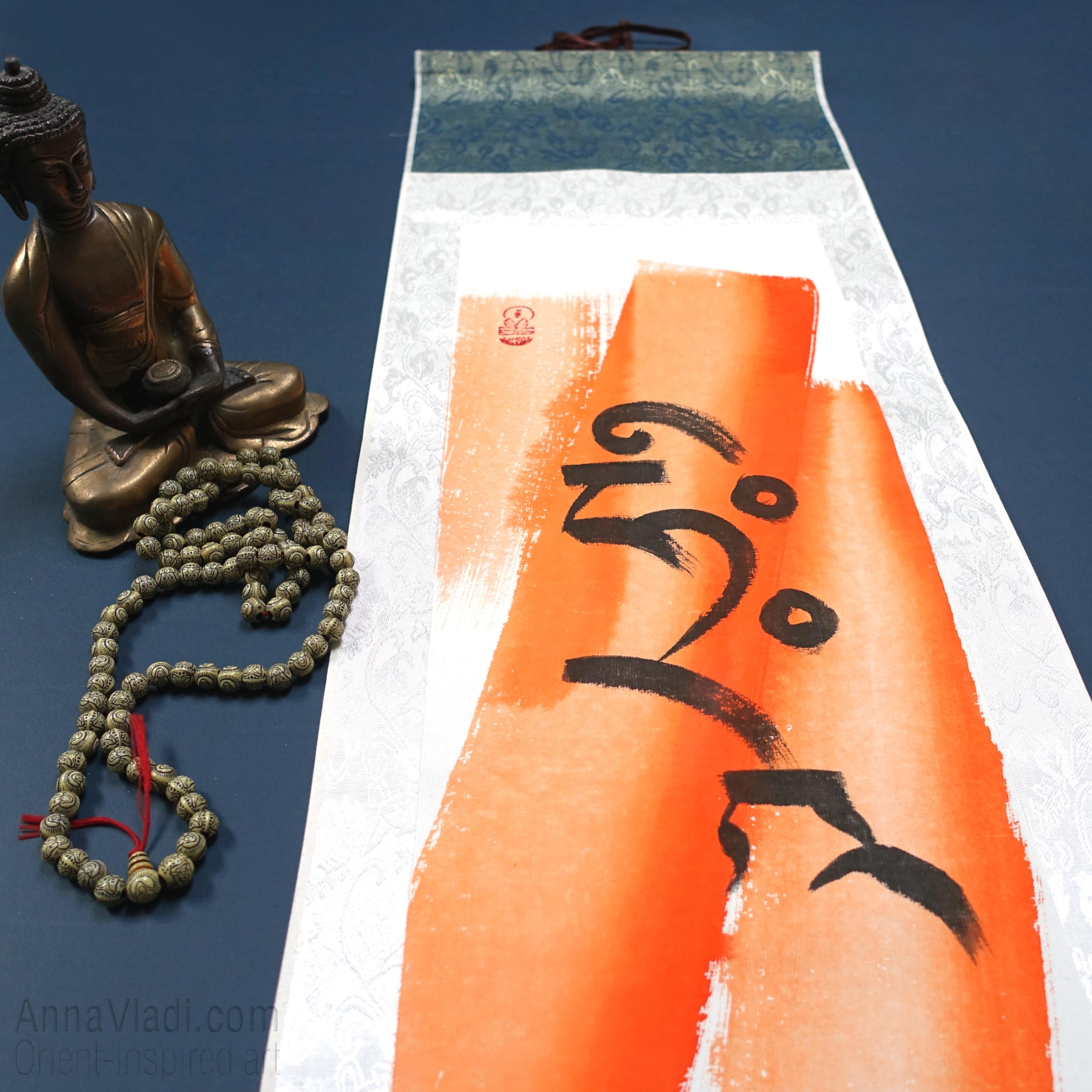 Amitabha Buddha Seed Syllable: Tibetan Calligraphy Silk Scroll