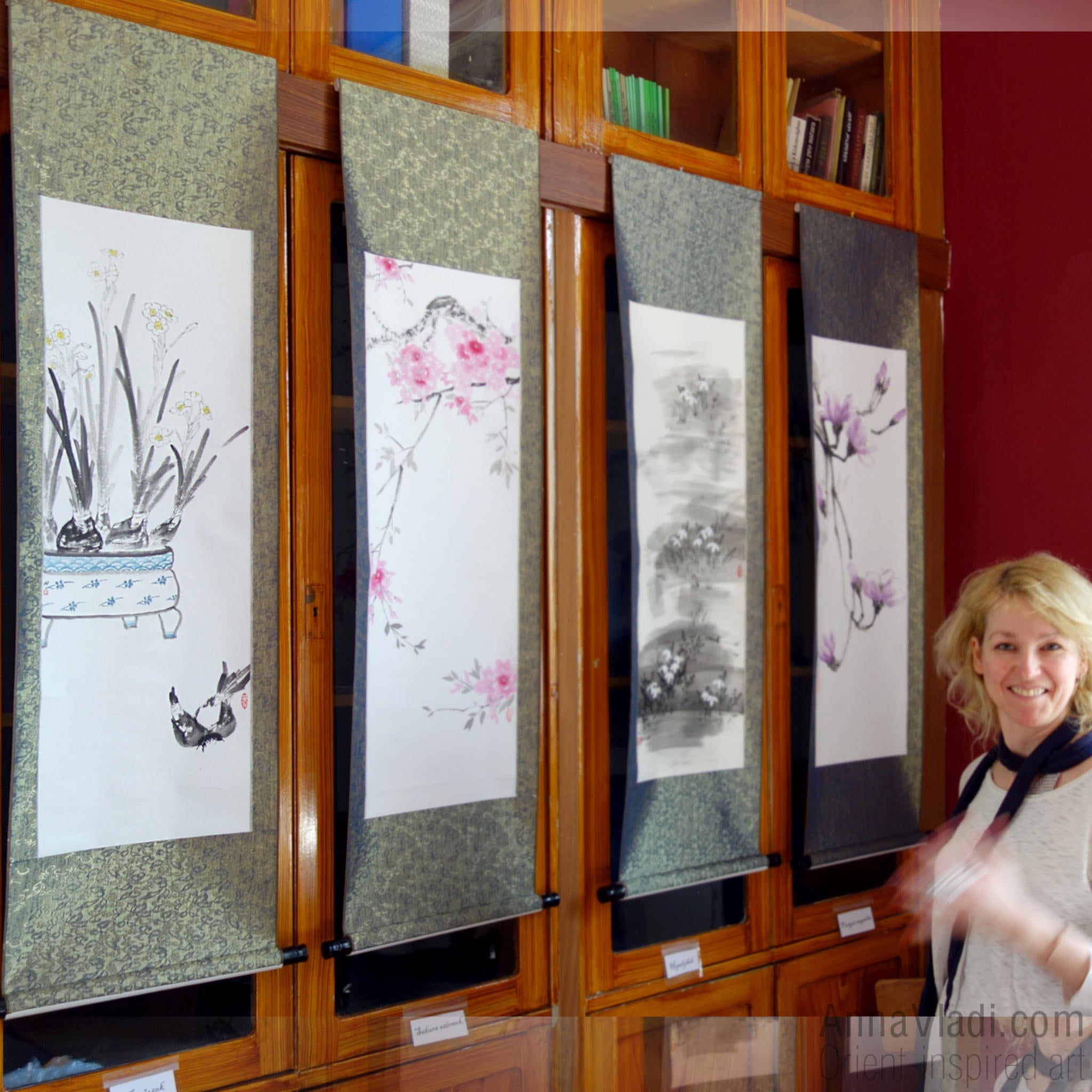 Daffodils (Narcissus Flowers) — large sumi-e kakemono silk scroll, original ink painting