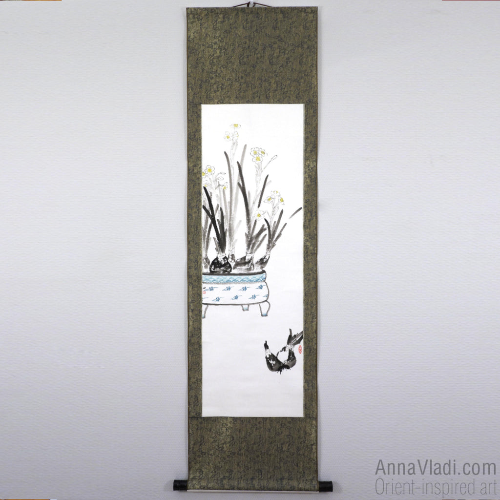 Daffodils (Narcissus Flowers) — large sumi-e kakemono silk scroll, original ink painting