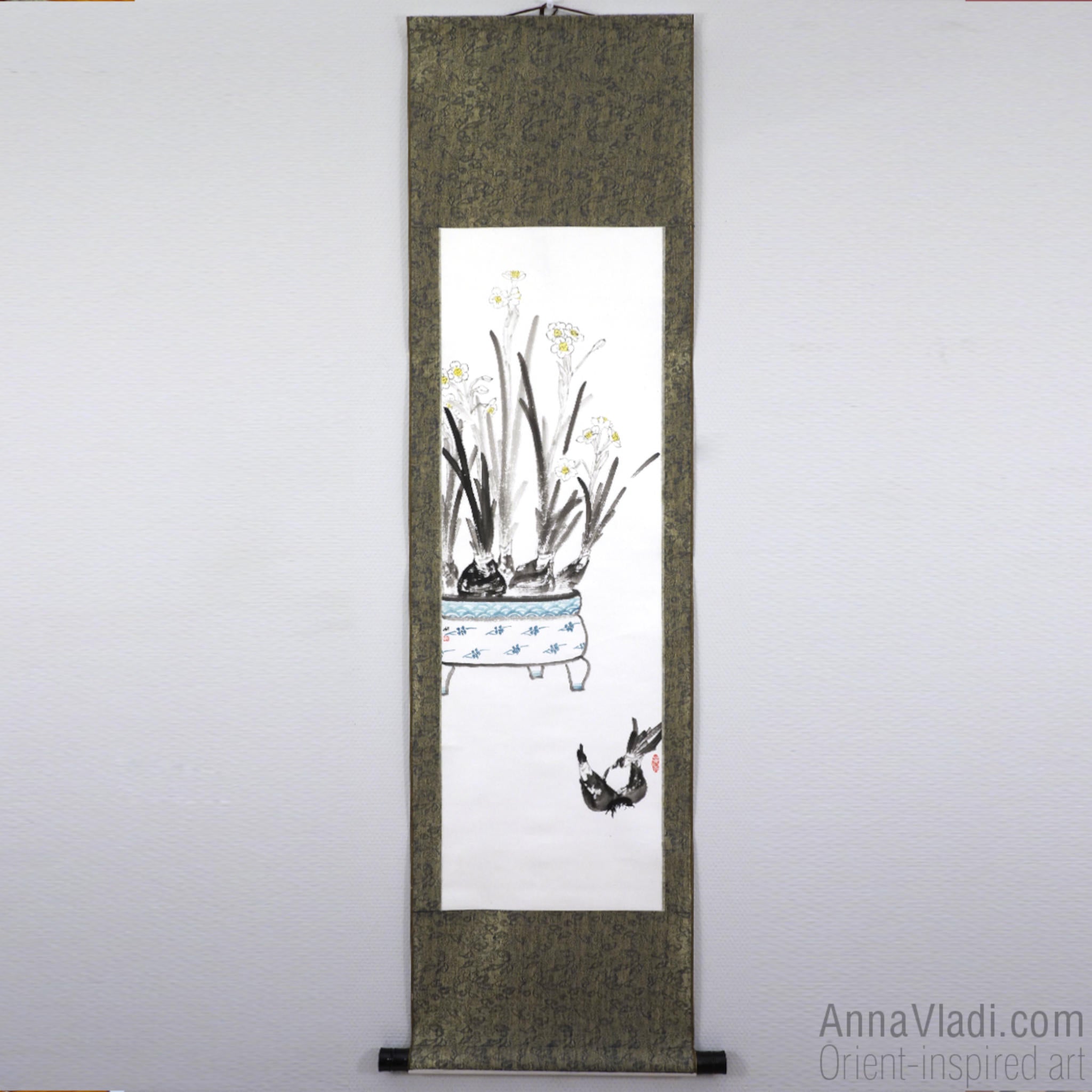 Daffodils (Narcissus Flowers) — large sumi-e kakemono silk scroll, original ink painting