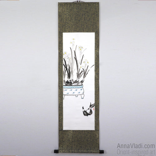 Daffodils (Narcissus Flowers) — large sumi-e kakemono silk scroll, original ink painting