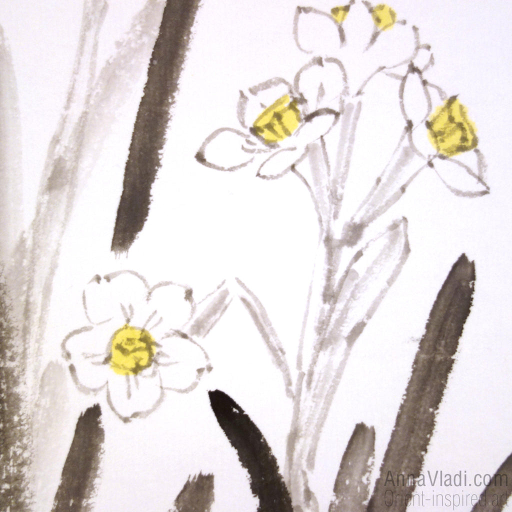 Daffodils (Narcissus Flowers) — large sumi-e kakemono silk scroll, original ink painting