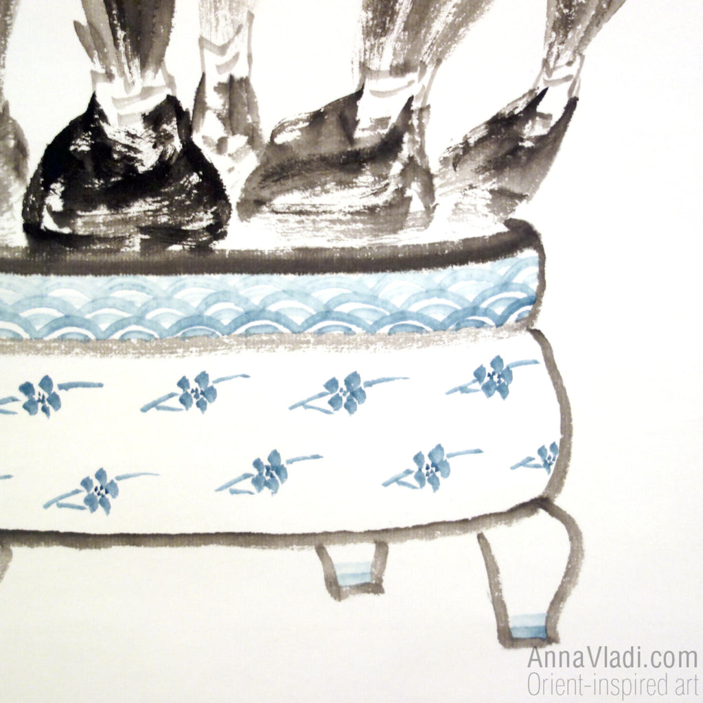 Daffodils (Narcissus Flowers) — large sumi-e kakemono silk scroll, original ink painting