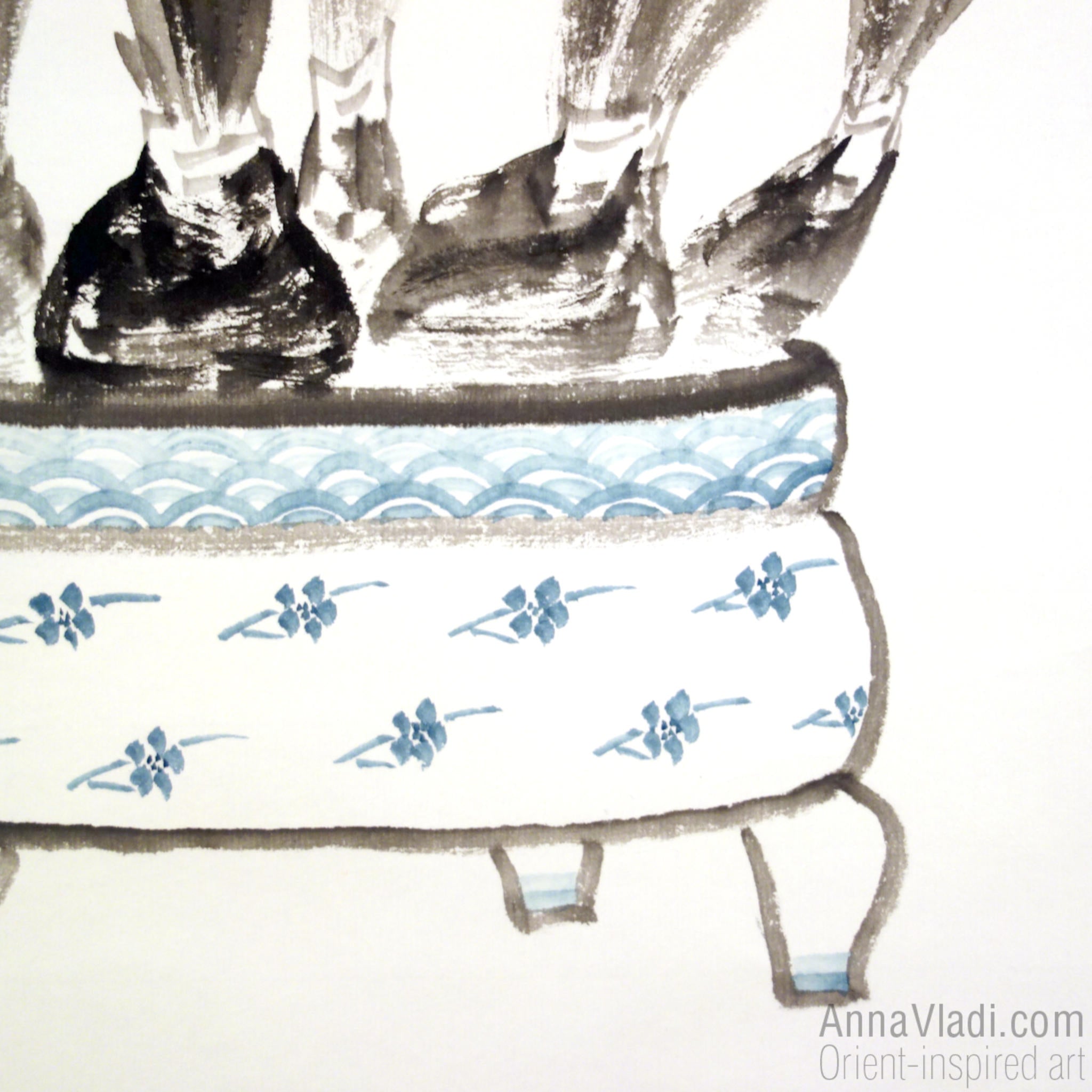 Daffodils (Narcissus Flowers) — large sumi-e kakemono silk scroll, original ink painting