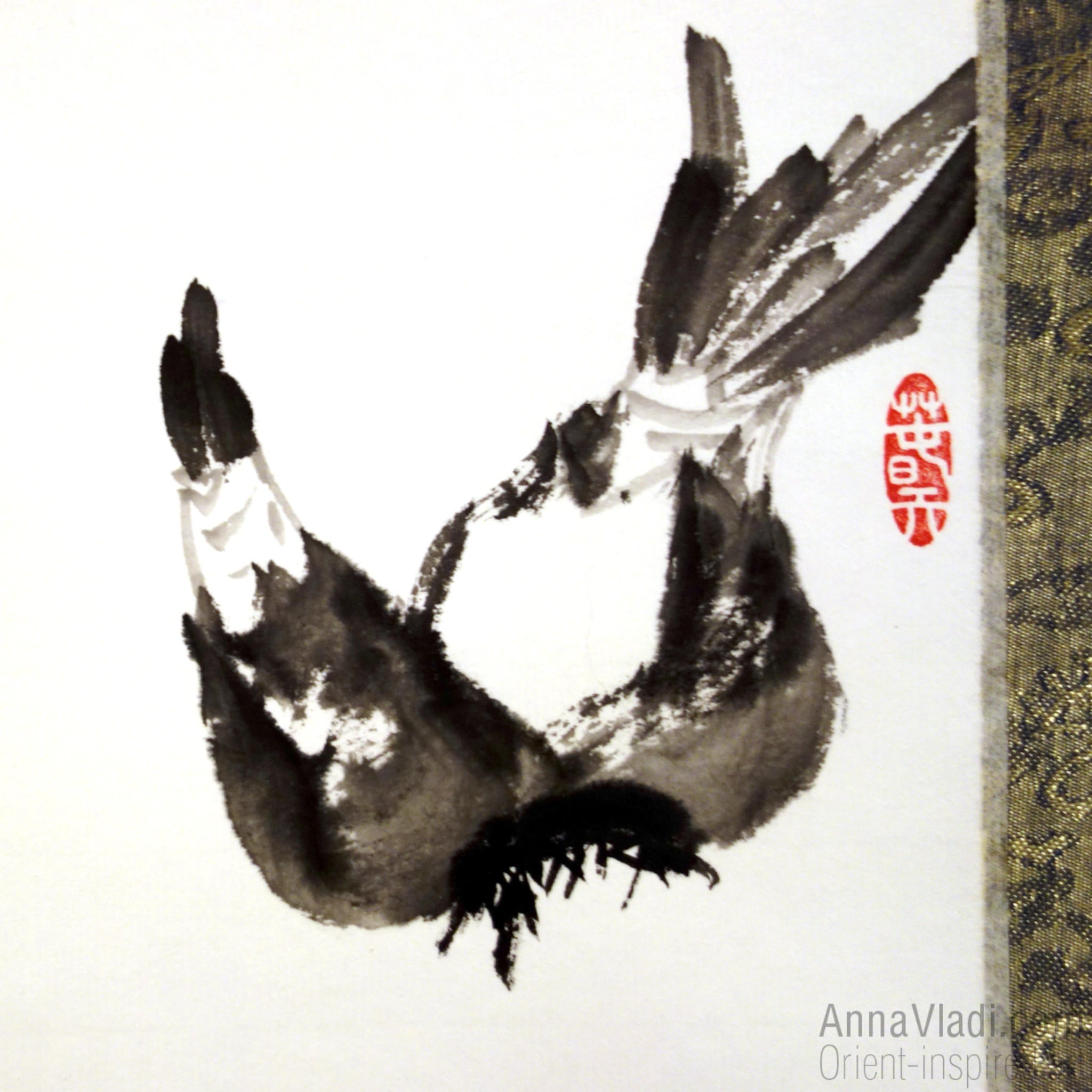 Daffodils (Narcissus Flowers) — large sumi-e kakemono silk scroll, original ink painting