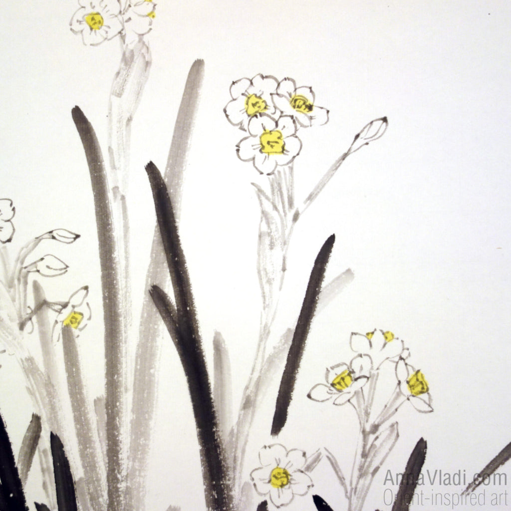 Daffodils (Narcissus Flowers) — large sumi-e kakemono silk scroll, original ink painting