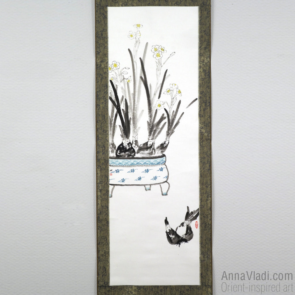 Daffodils (Narcissus Flowers) — large sumi-e kakemono silk scroll, original ink painting
