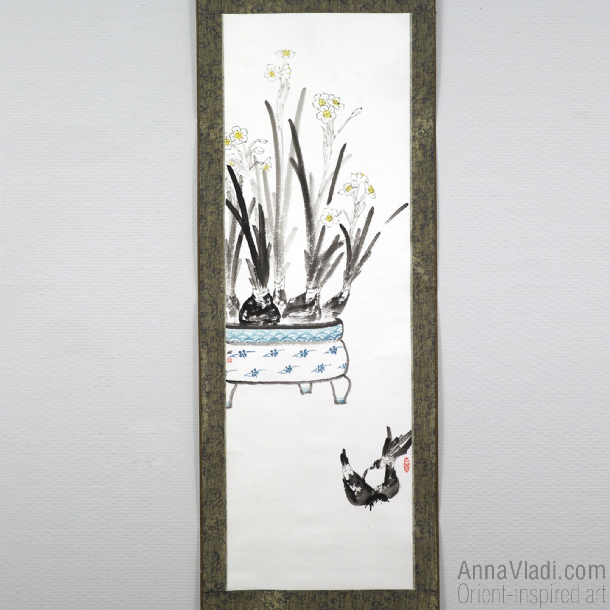 Daffodils (Narcissus Flowers) — large sumi-e kakemono silk scroll, original ink painting