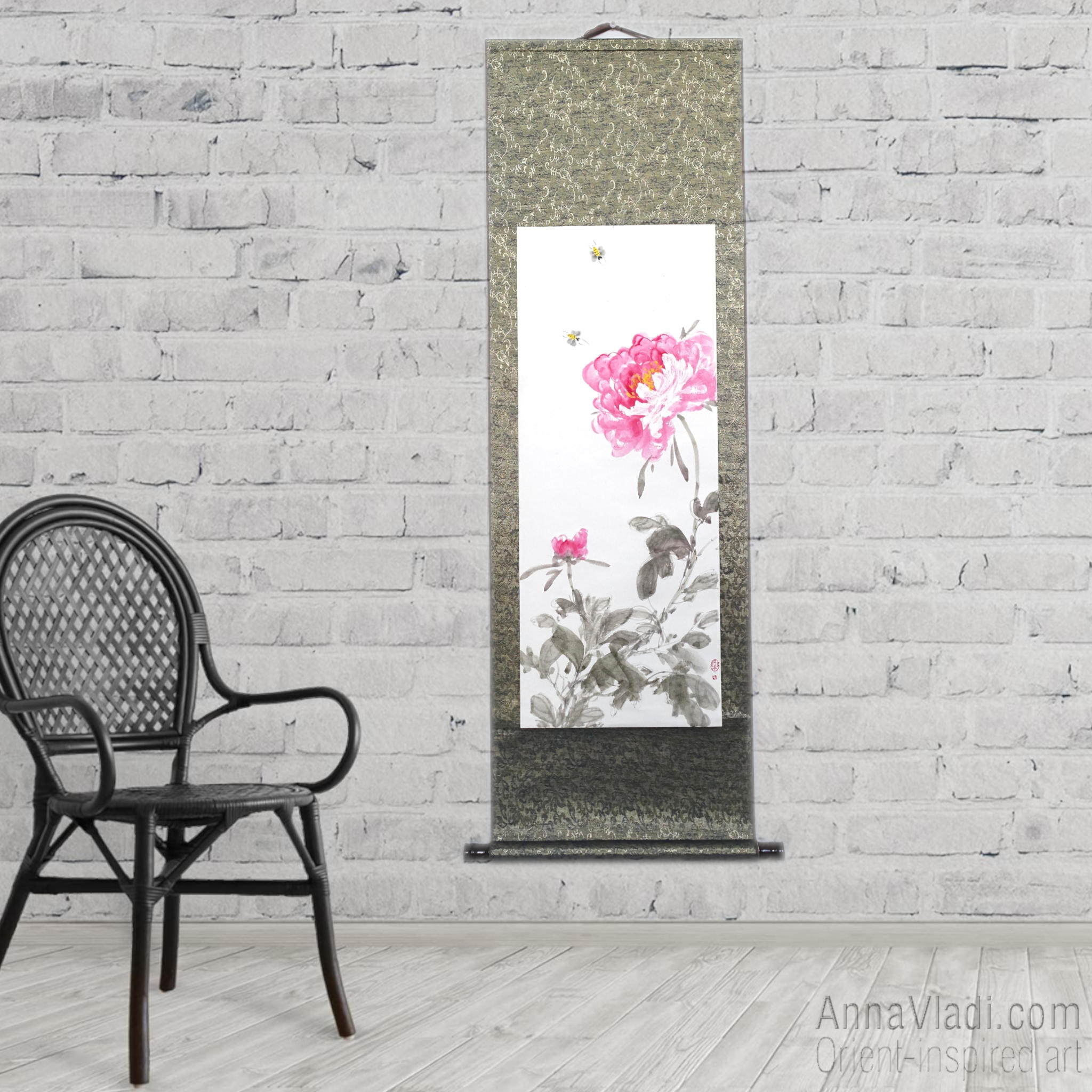 Peonies and Bees Sumi-e Painting - Original Japanese Silk Scroll