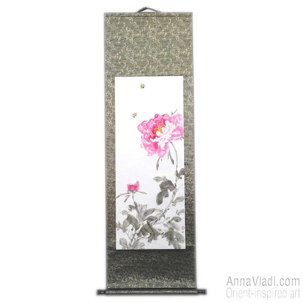 Peonies and Bees Sumi-e Painting - Original Japanese Silk Scroll