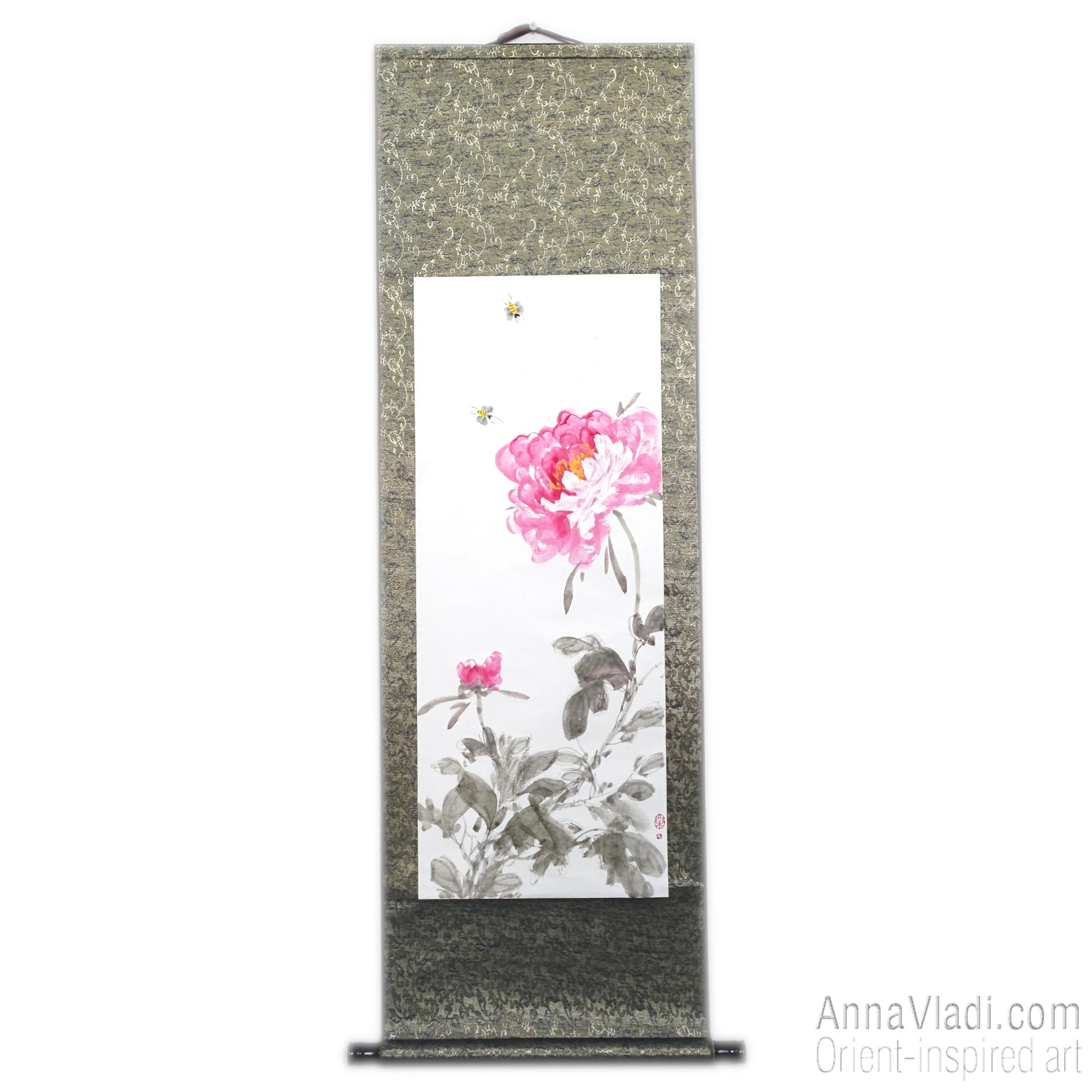 Peonies and Bees Sumi-e Painting - Original Japanese Silk Scroll