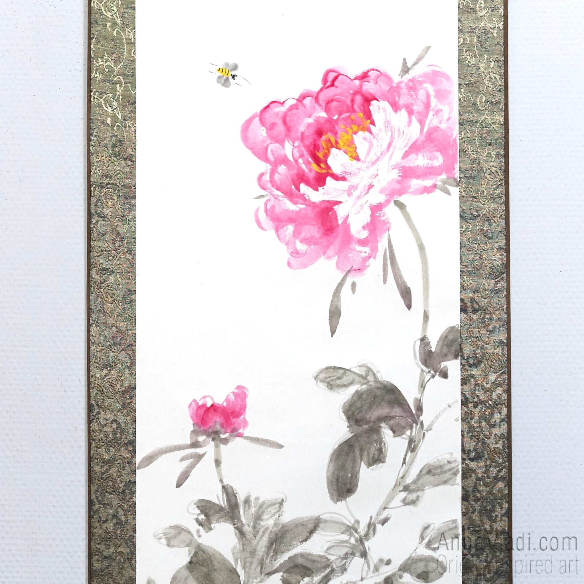 Peonies and Bees Sumi-e Painting - Original Japanese Silk Scroll