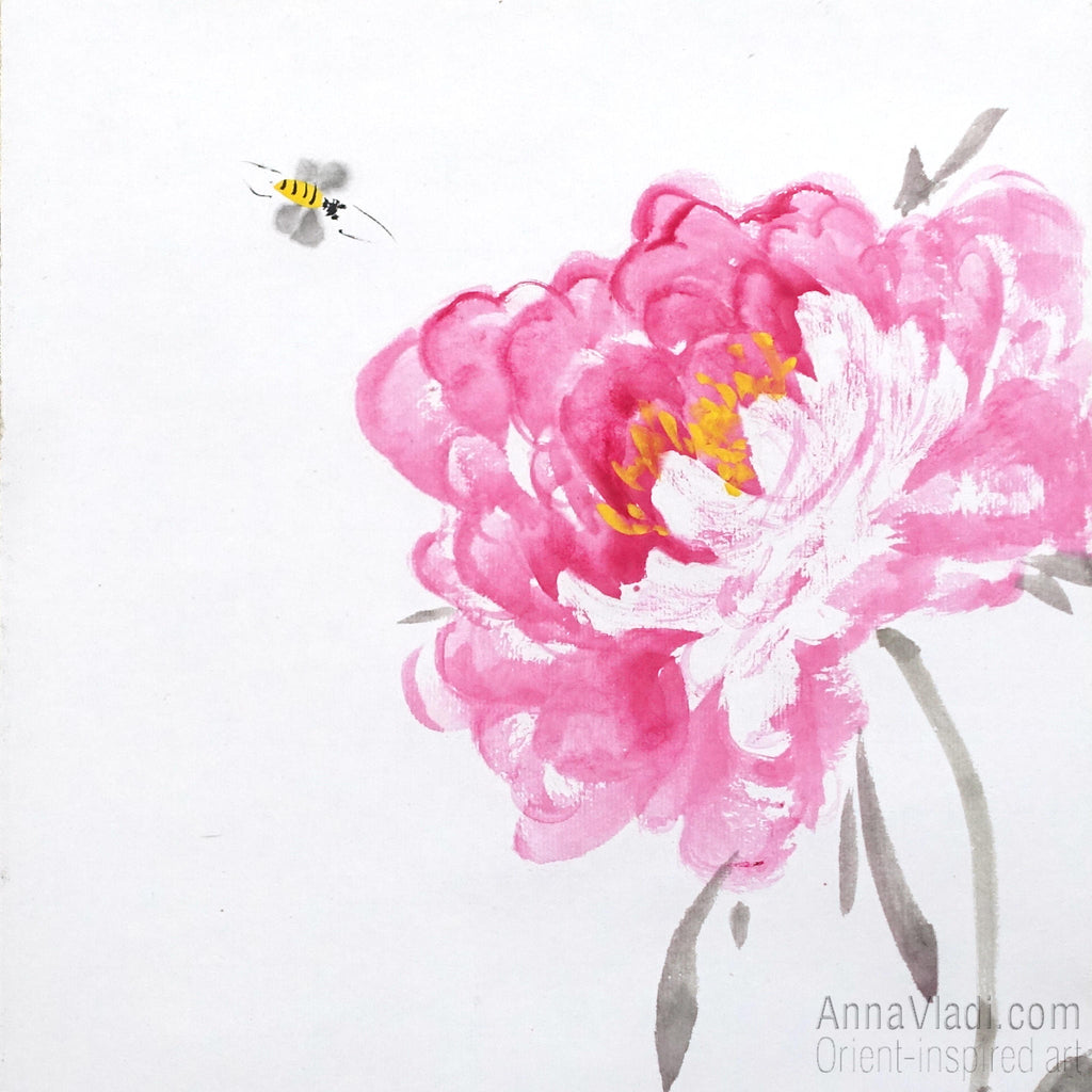 Peonies and Bees Sumi-e Painting - Original Japanese Silk Scroll