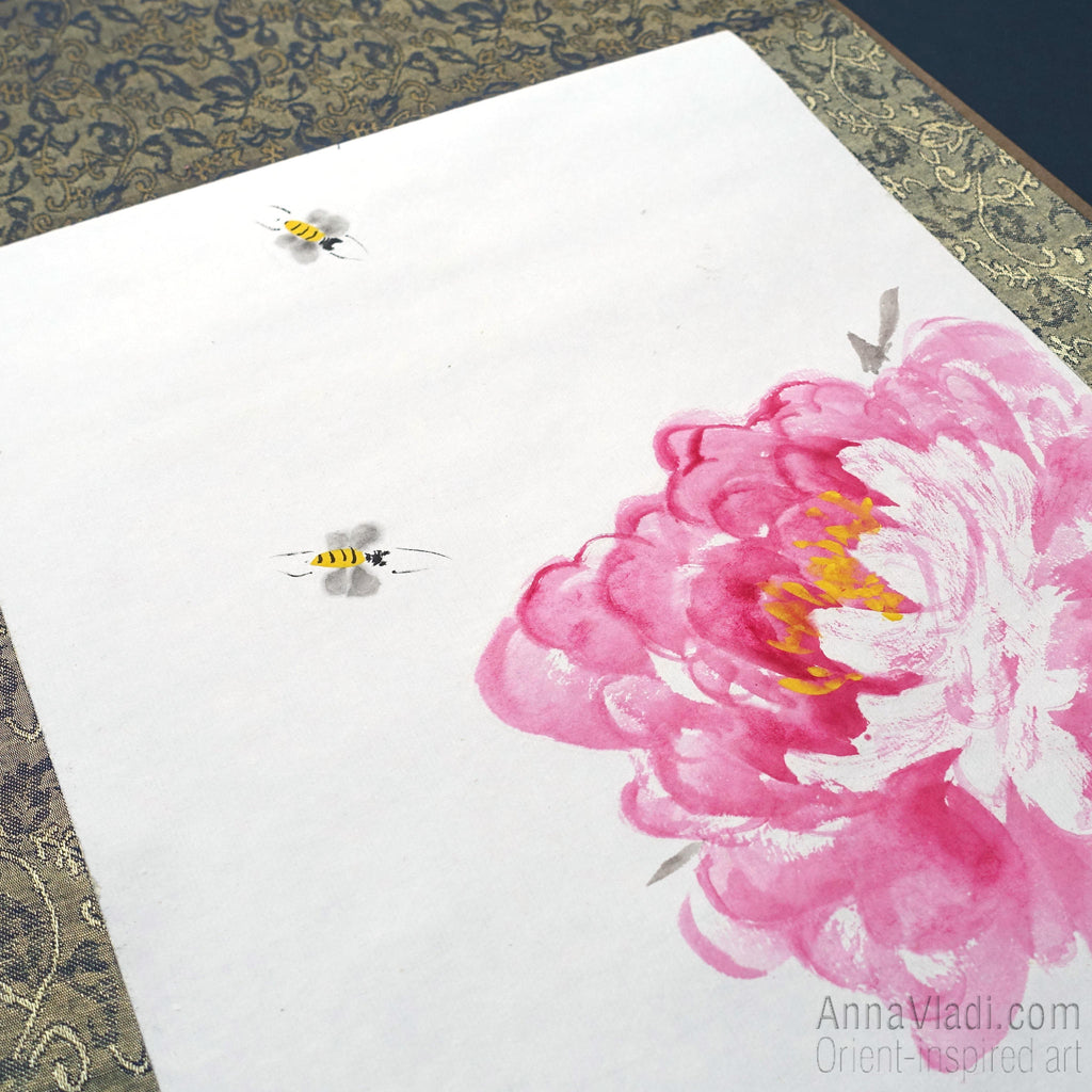 Peonies and Bees Sumi-e Painting - Original Japanese Silk Scroll