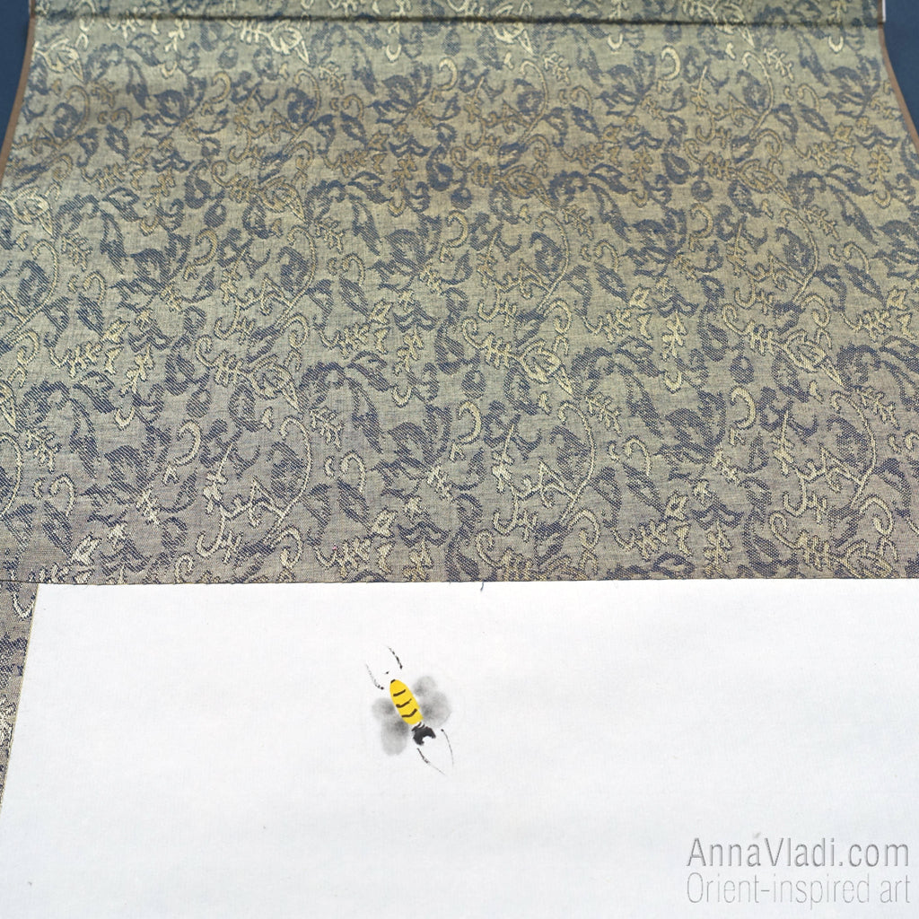 Peonies and Bees Sumi-e Painting - Original Japanese Silk Scroll