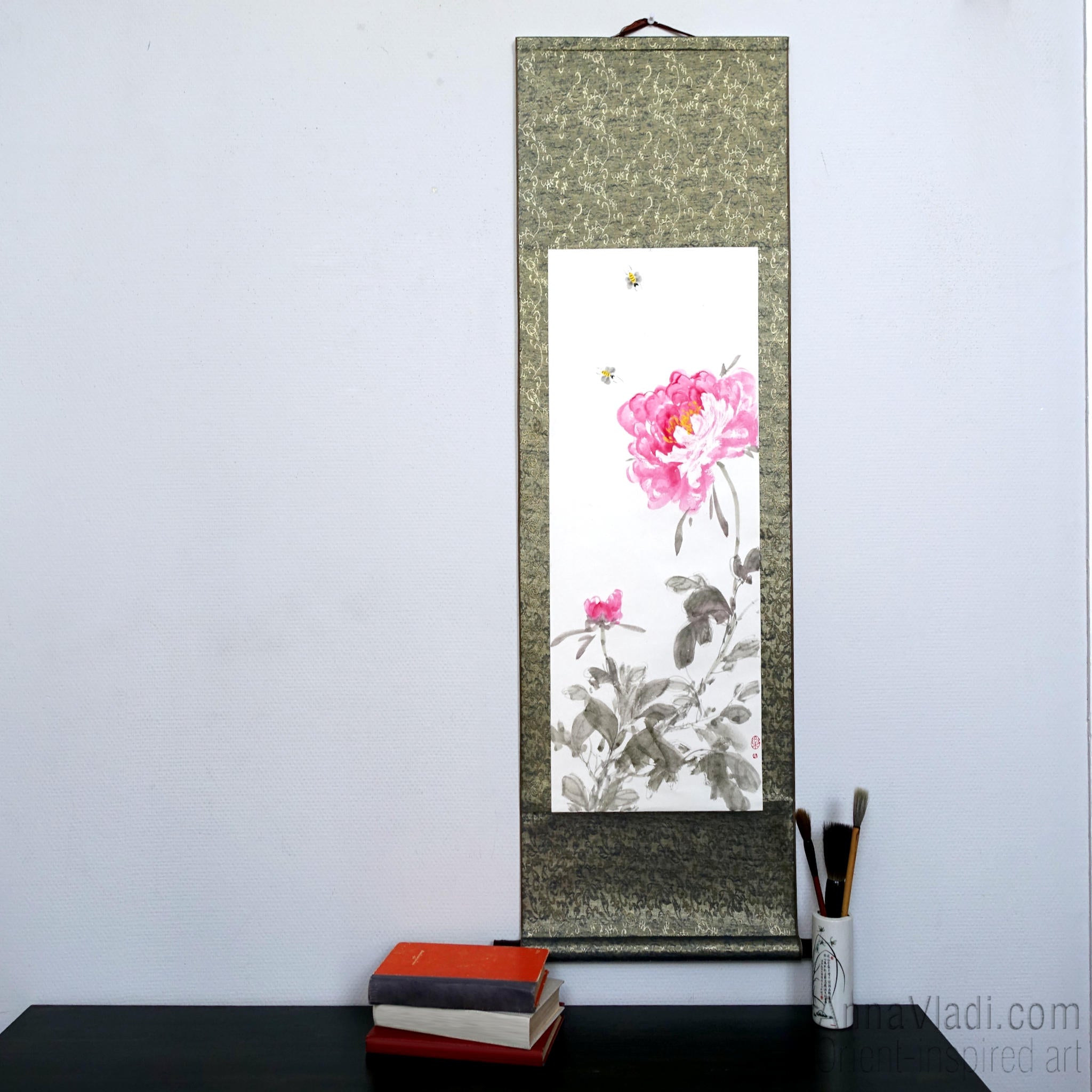 Peonies and Bees Sumi-e Painting - Original Japanese Silk Scroll