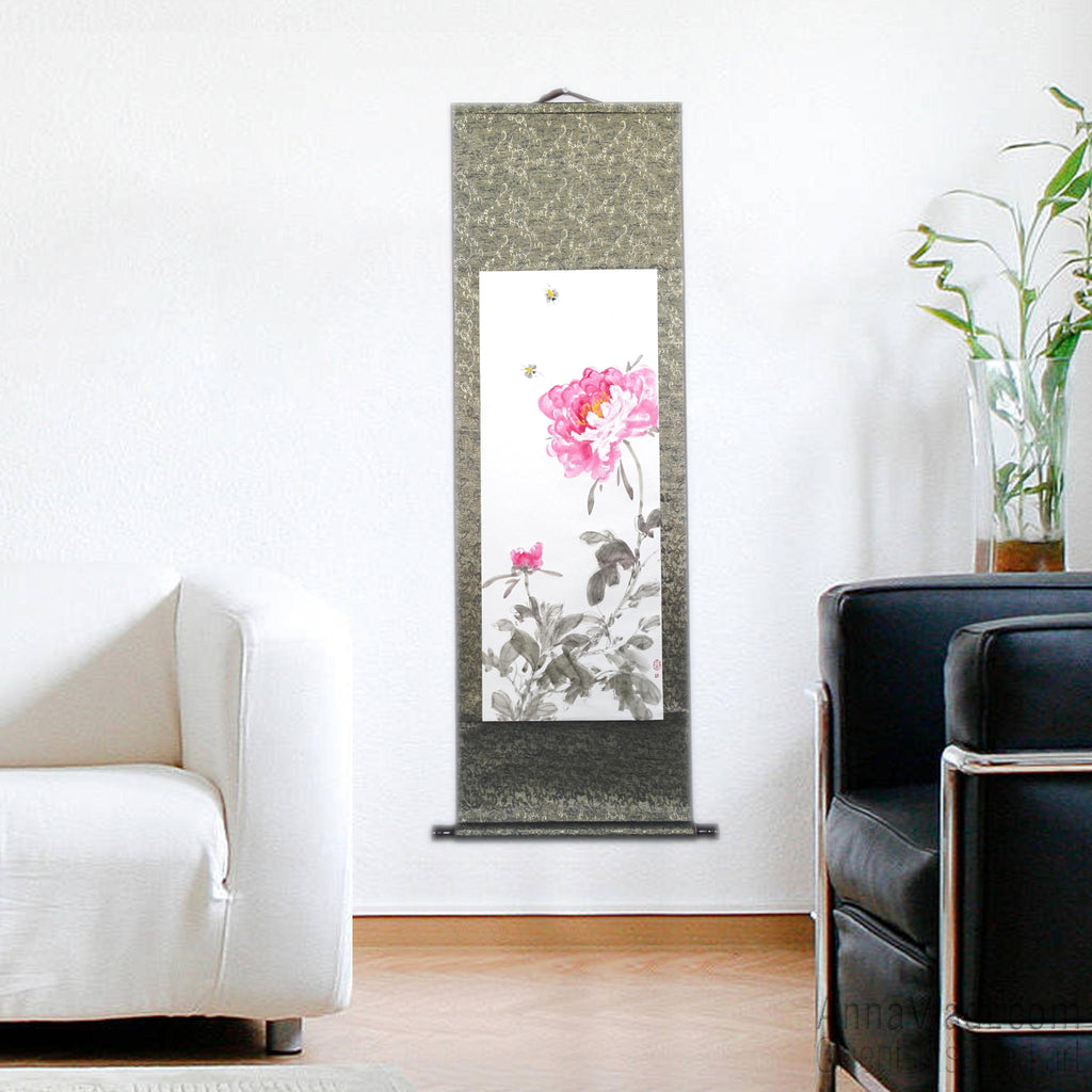 Peonies and Bees Sumi-e Painting - Original Japanese Silk Scroll