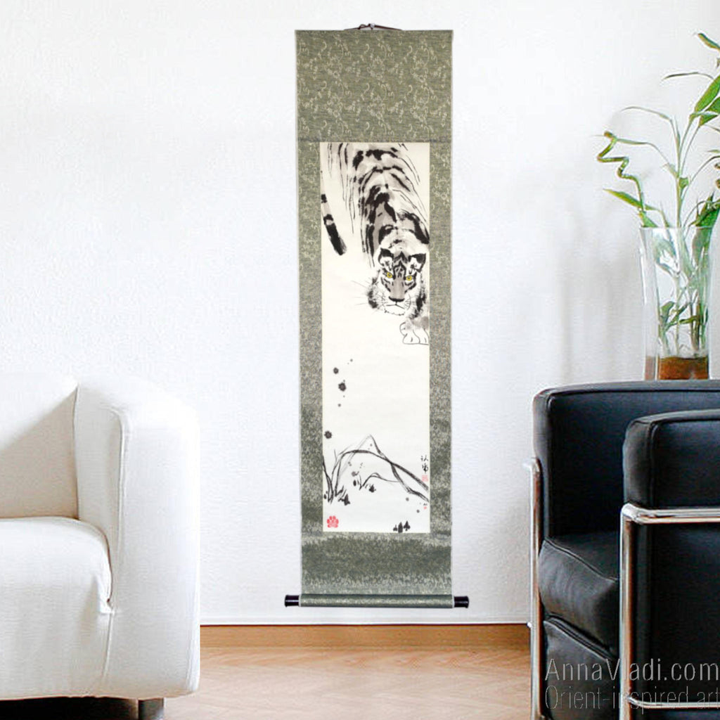 Crouching Tiger — Zen art on silk scroll, large sumi-e painting, original Oriental art
