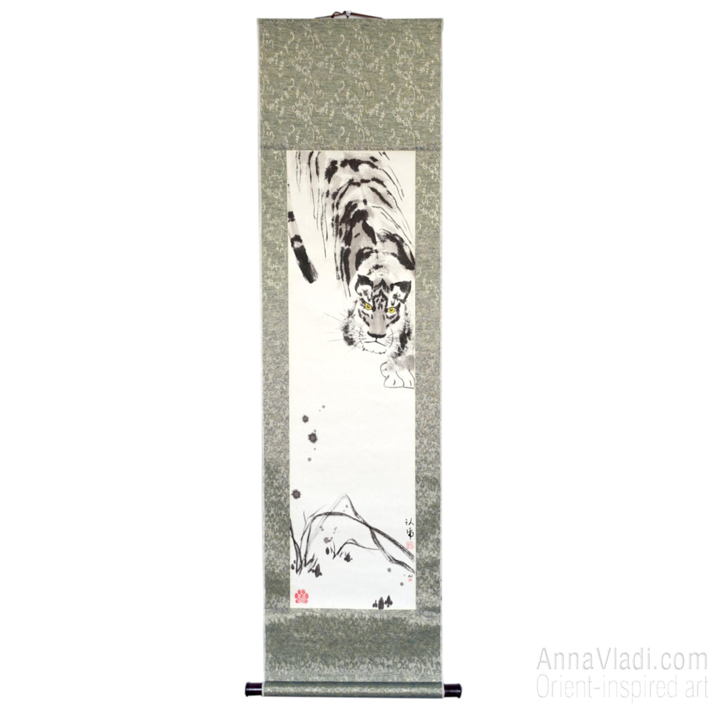 Crouching Tiger — Zen art on silk scroll, large sumi-e painting, original Oriental art