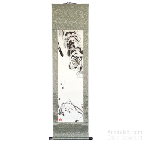 Crouching Tiger — Zen art on silk scroll, large sumi-e painting, original Oriental art