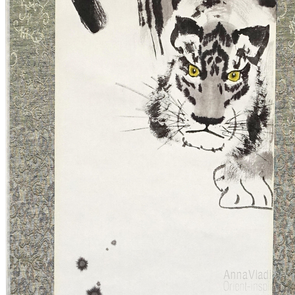 Crouching Tiger — Zen art on silk scroll, large sumi-e painting, original Oriental art
