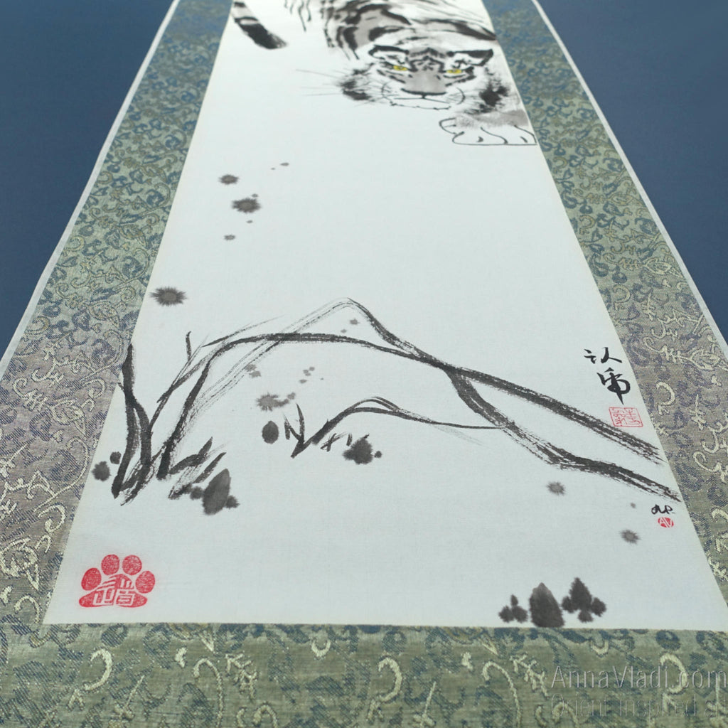 Crouching Tiger — Zen art on silk scroll, large sumi-e painting, original Oriental art