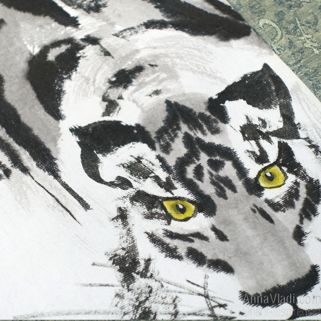 Crouching Tiger — Zen art on silk scroll, large sumi-e painting, original Oriental art