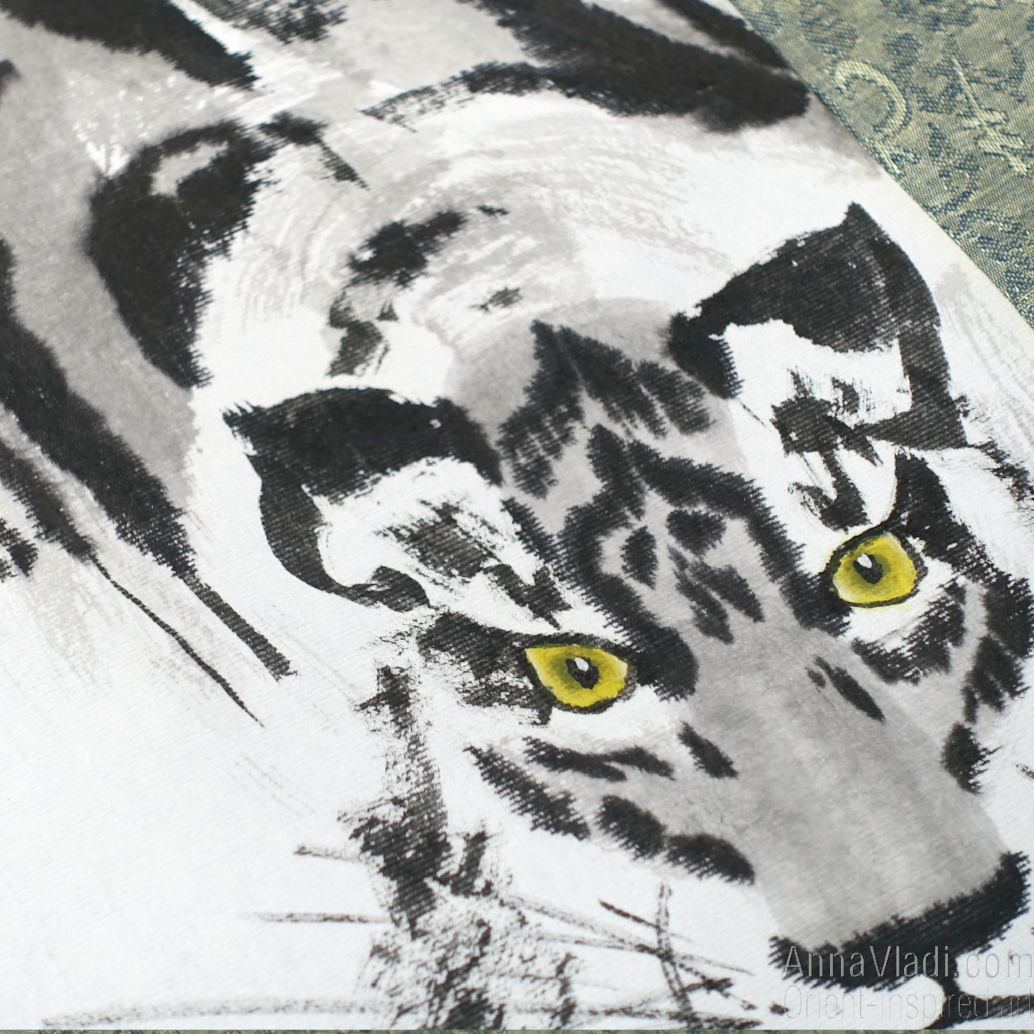 Crouching Tiger — Zen art on silk scroll, large sumi-e painting, original Oriental art