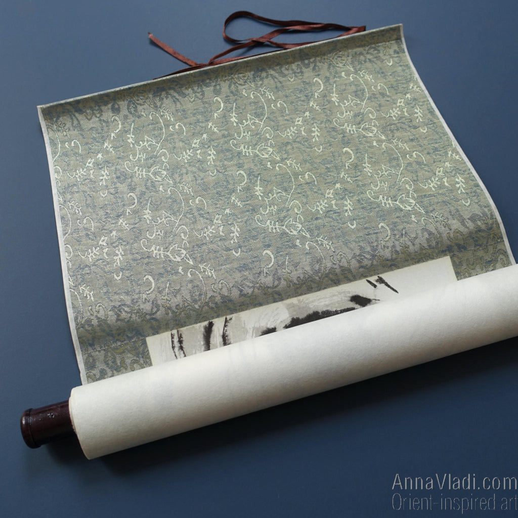 Crouching Tiger — Zen art on silk scroll, large sumi-e painting, original Oriental art