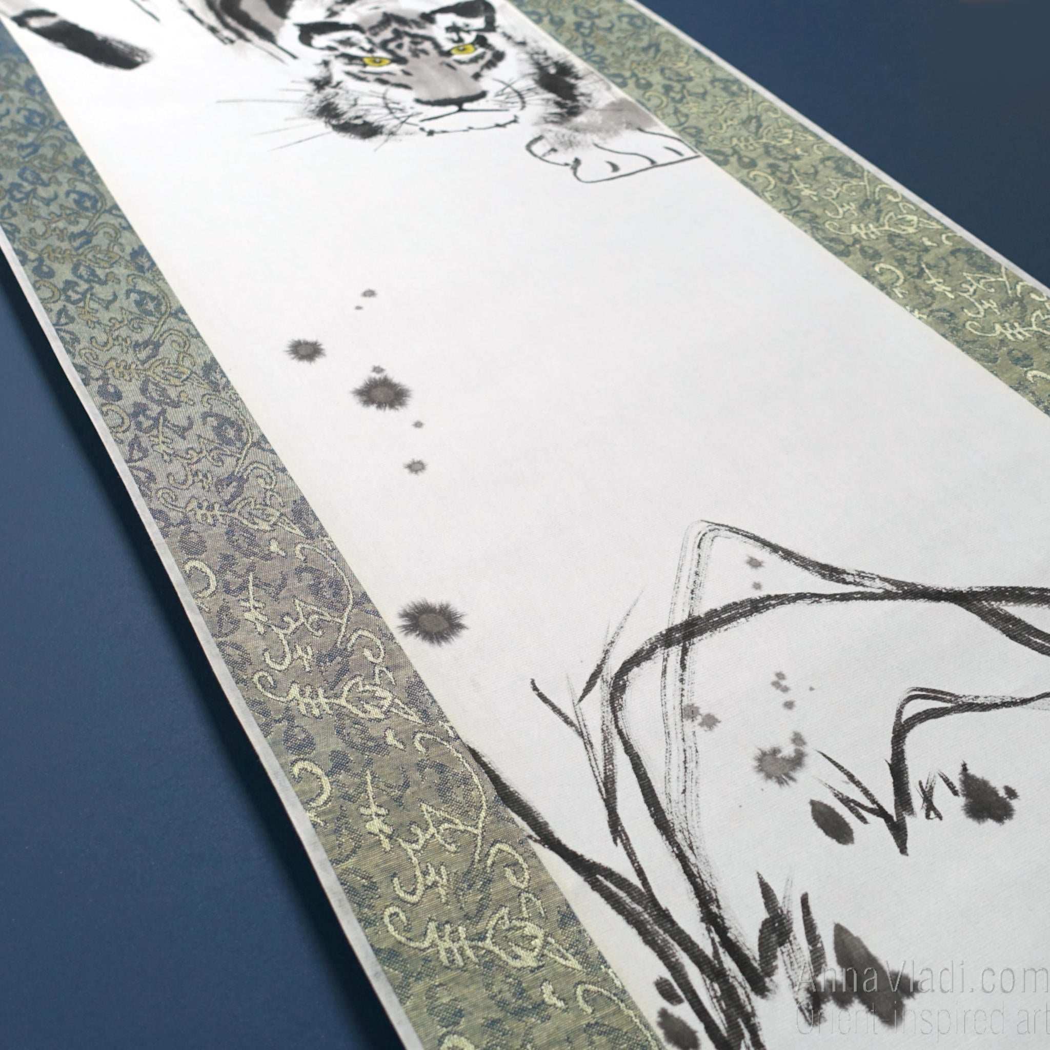 Crouching Tiger — Zen art on silk scroll, large sumi-e painting, original Oriental art