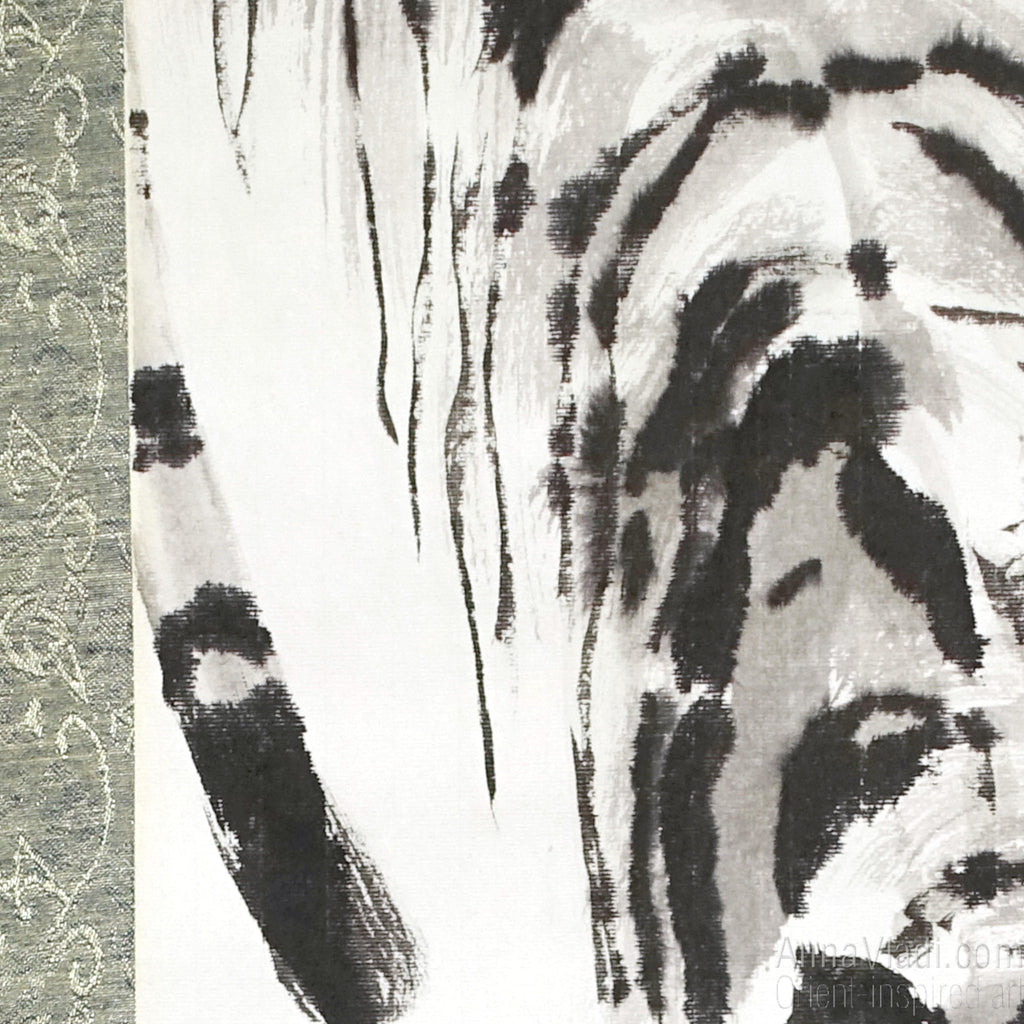 Crouching Tiger — Zen art on silk scroll, large sumi-e painting, original Oriental art