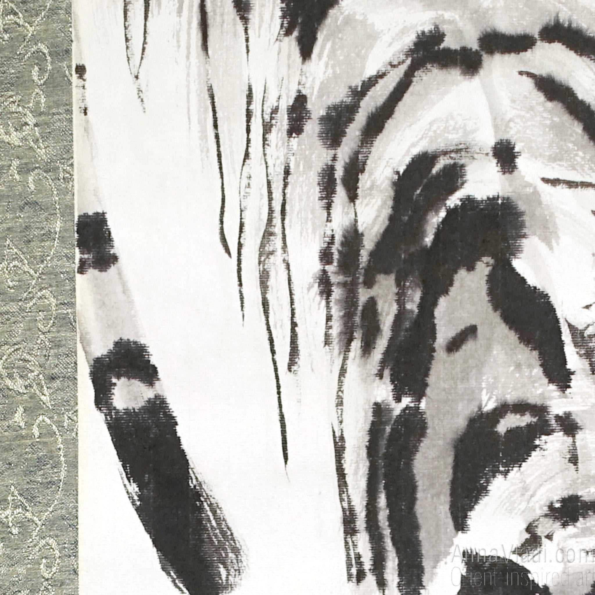 Crouching Tiger — Zen art on silk scroll, large sumi-e painting, original Oriental art