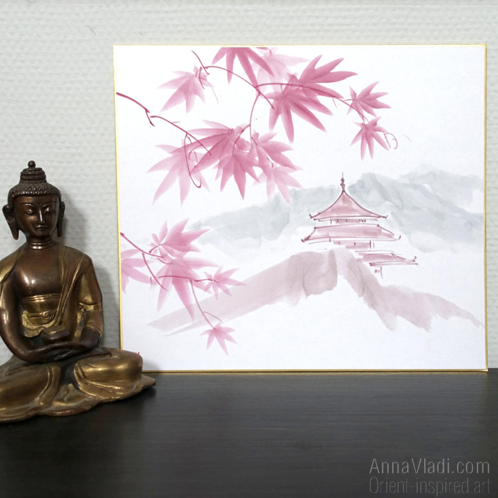 Maple Grove Temple — Sumi-e Original Painting on Japanese Shikishi Board