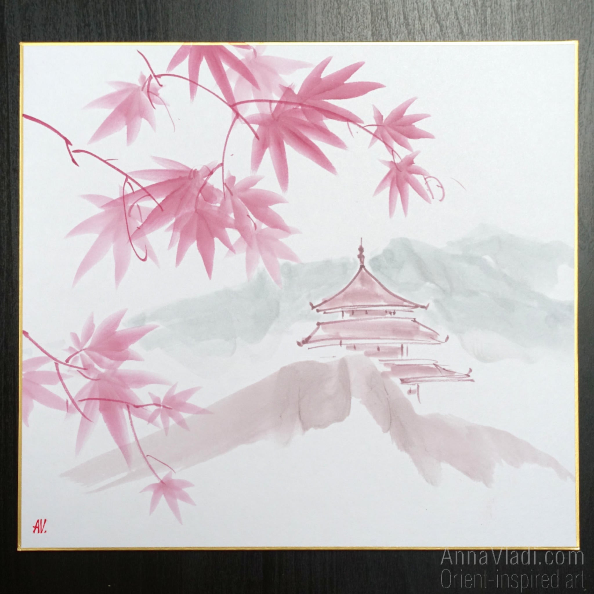 Maple Grove Temple — Sumi-e Original Painting on Japanese Shikishi Board