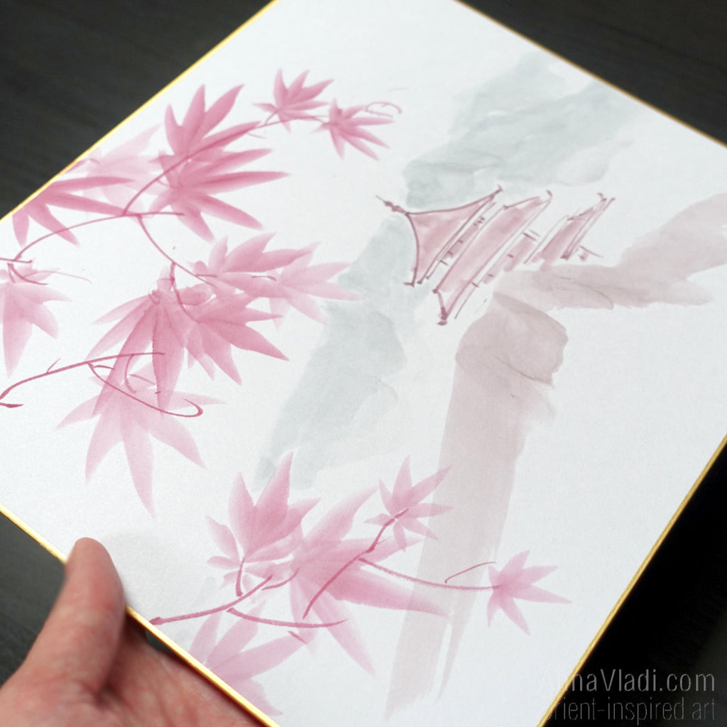 Maple Grove Temple — Sumi-e Original Painting on Japanese Shikishi Board