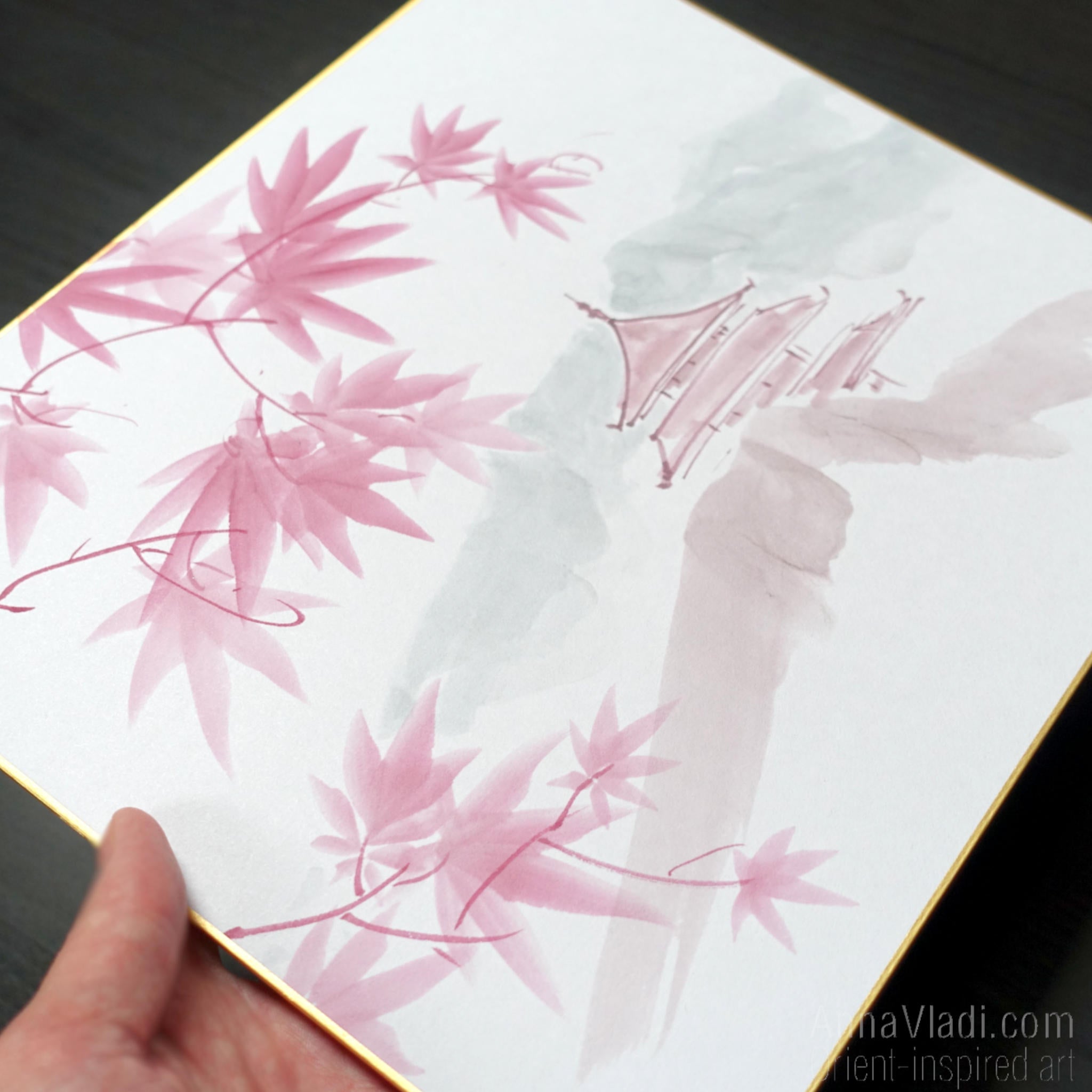 Maple Grove Temple — Sumi-e Original Painting on Japanese Shikishi Board