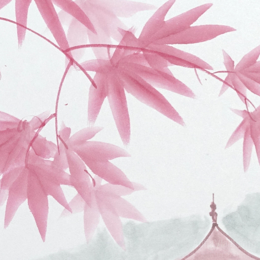 Maple Grove Temple — Sumi-e Original Painting on Japanese Shikishi Board