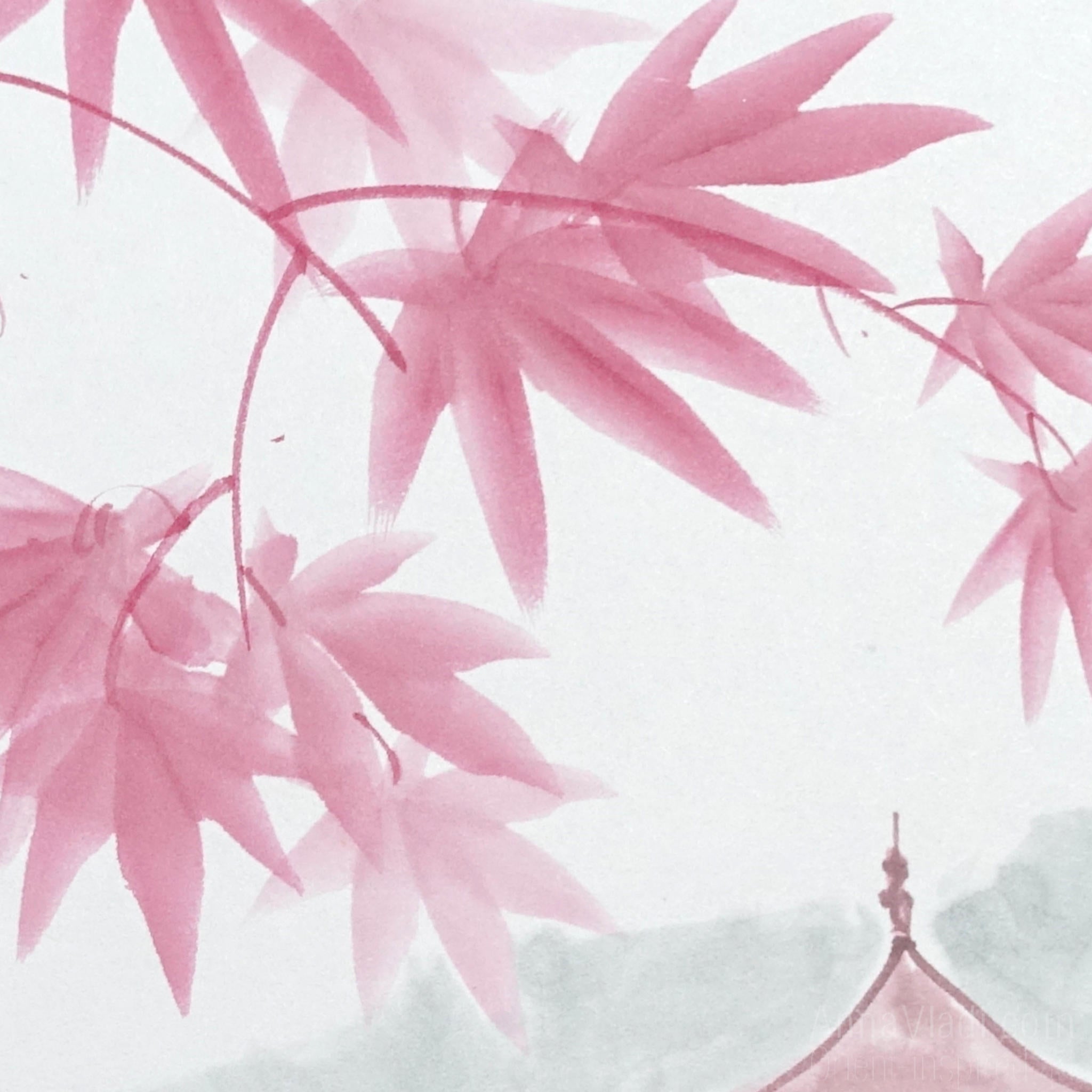 Maple Grove Temple — Sumi-e Original Painting on Japanese Shikishi Board