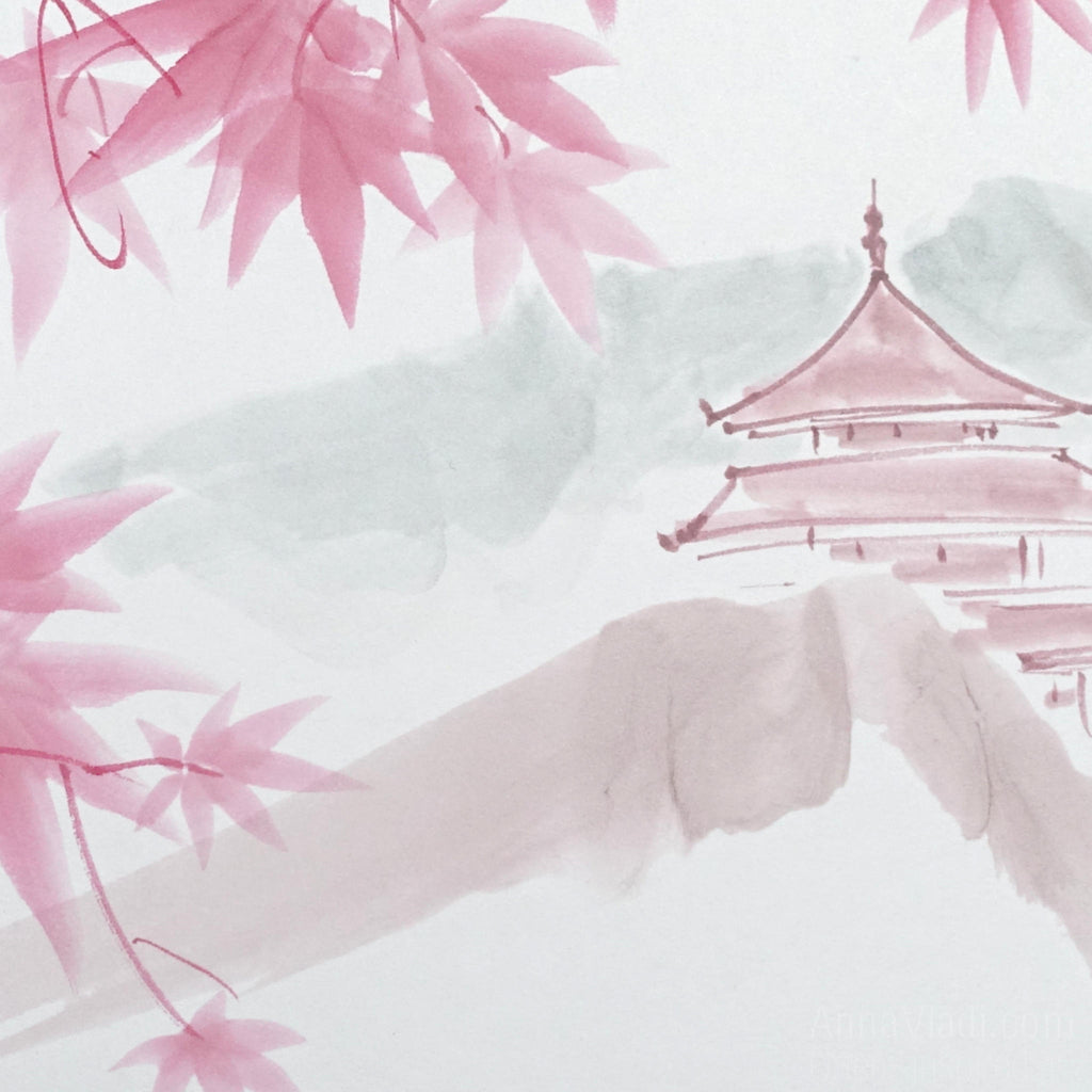 Maple Grove Temple — Sumi-e Original Painting on Japanese Shikishi Board