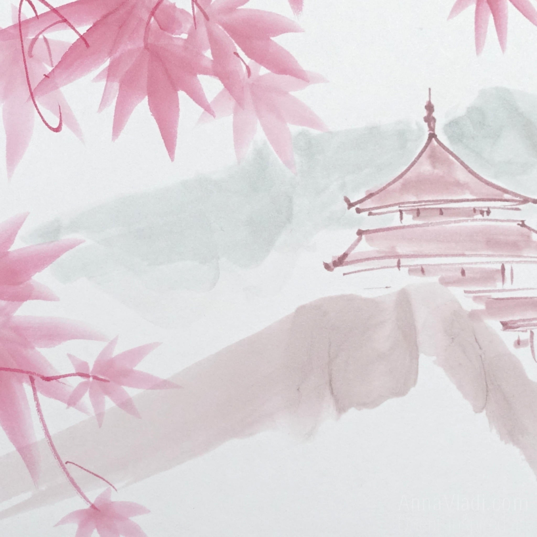 Maple Grove Temple — Sumi-e Original Painting on Japanese Shikishi Board