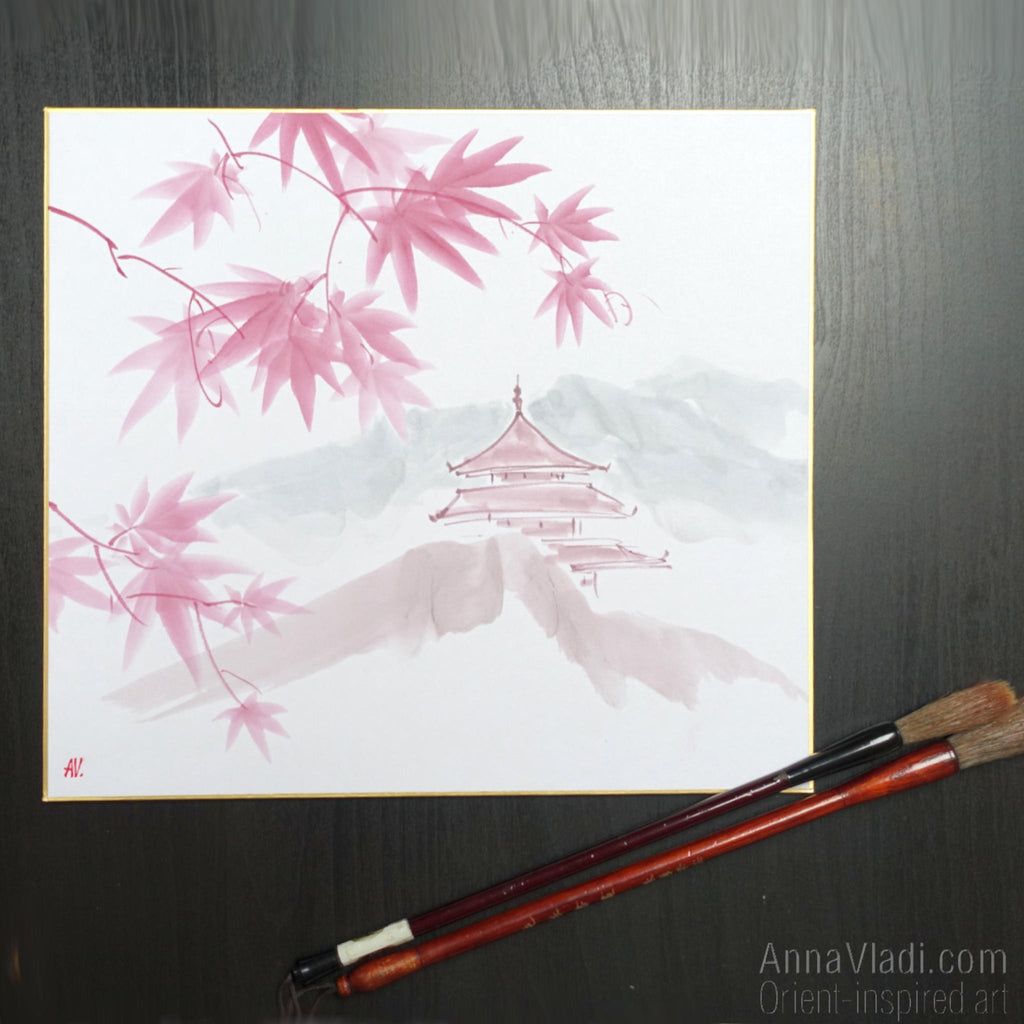 Maple Grove Temple — Sumi-e Original Painting on Japanese Shikishi Board
