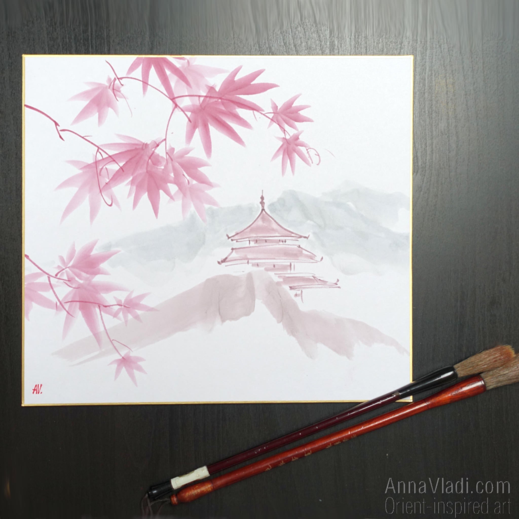 Maple Grove Temple — Sumi-e Original Painting on Japanese Shikishi Board