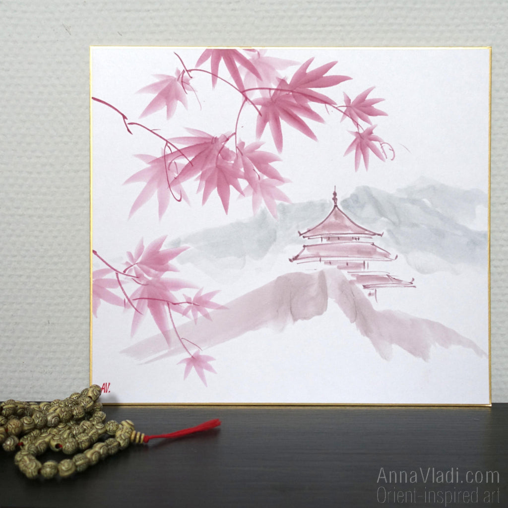 Maple Grove Temple — Sumi-e Original Painting on Japanese Shikishi Board